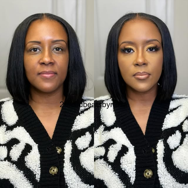 Before and after golden soft glam transformation